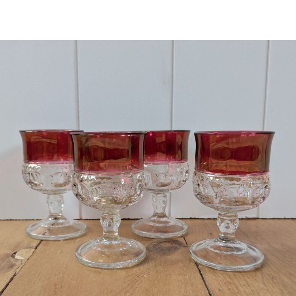 4pcs Vintage King's Crown Ruby Thumbprint Glass Goblets - 4.25"